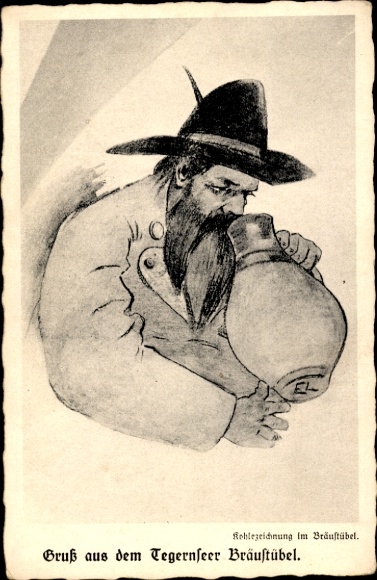 Postcard Tegernsee in Upper Bavaria, Tegernseer Bräustübel, man with jug