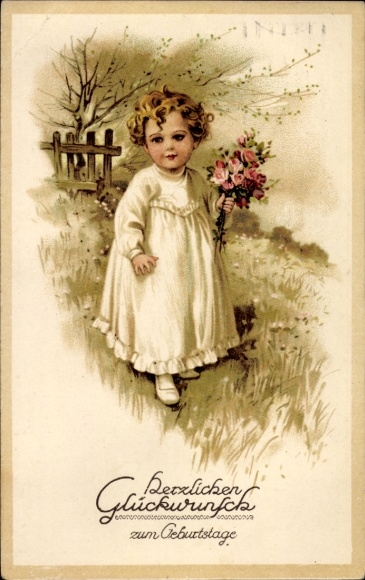 Postcard birthday greetings, girl with bouquet of flowers