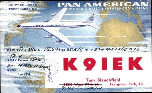 QSL radio operator card K9IEK, Tom Blanchfield, Evergreen Park Illinois, Pan American Clipper aircraft