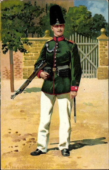 Künstler Litho Hoffmann, A., deutscher Soldat, Infanterie, Gewehr, Federbusch, Kaiserreich