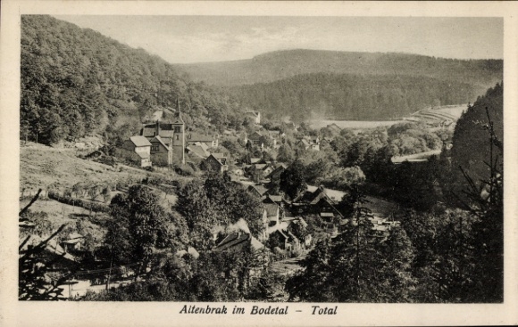 Postcard Altenbrak Thale in the Harz Mountains, panoramic view of Altenbrak, picturesque landscape, historic...