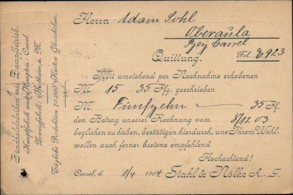 Direkt Überweisung 5.04.1904, Oberaula zu Stahl & Nölke Kassel