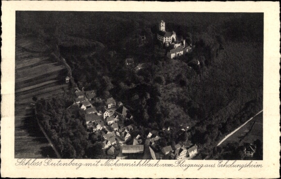 Postcard Neckarmühlbach Haßmersheim in Baden, aerial photograph, Gutenberg Castle, convalescent home