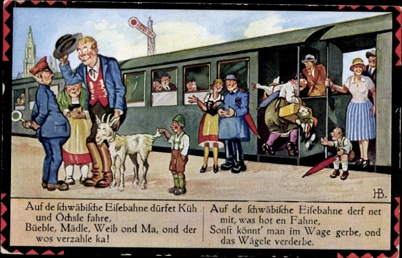 Artist Postcard Boettcher, Hans, Cows and oxen may travel on the Swabian railway