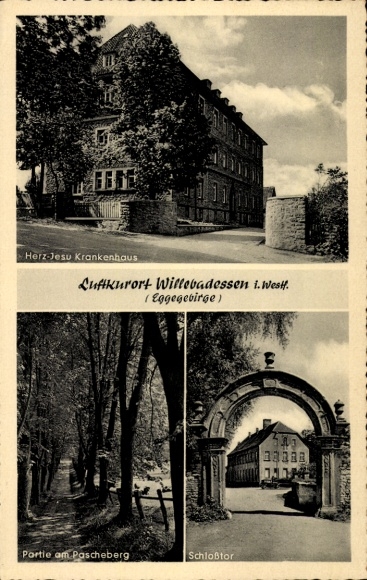 Postcard Willebadessen in Westphalia, Heart of Jesus Hospital, Am Pascheberg, Castle Gate
