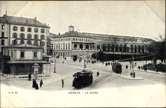 Postcard Genève Geneva city, La Gare, tram