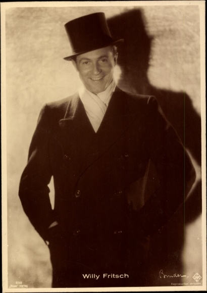 Postcard actor Willy Fritsch, portrait, top hat, autograph