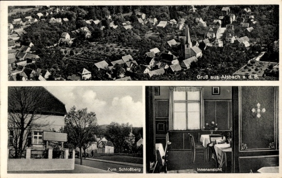 Postcard Alsbach Hähnlein on the Bergstrasse Hessen, Gasthaus zum Schlossber, aerial photograph