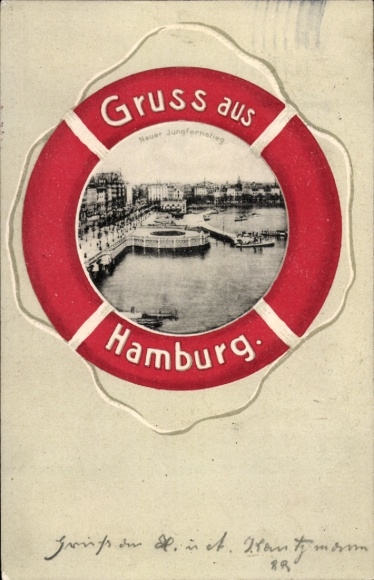 Passepartout Postcard Hamburg Mitte Neustadt, Neuer Jungfernstieg, Lifebuoy