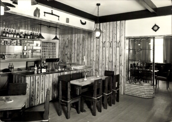 Postcard Landwüst Markneukirchen in the Vogtland region, interior view of a restaurant, wood paneling, table...