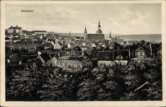 PC Lutherstadt Eisleben, city view, building, church, landscape, art card