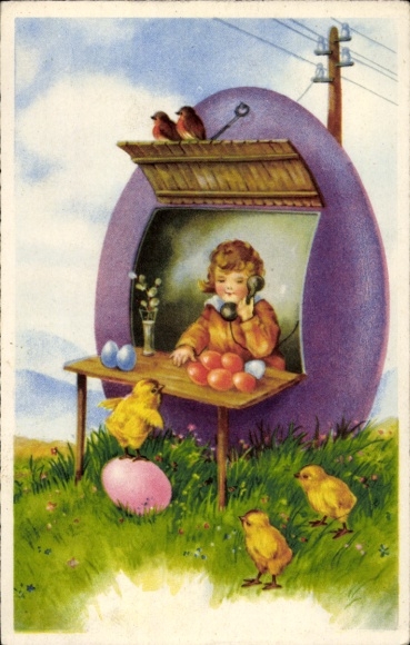 Postcard Bayrischzell in the Mangfall Mountains Upper Bavaria, woman on the phone in an egg, chicks, Easter eggs