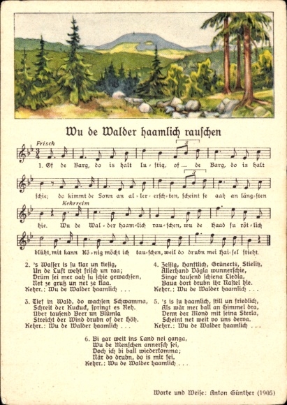 Song Postcard Anton Günther Erzgebirge dialect, When the forests rustle haemlich
