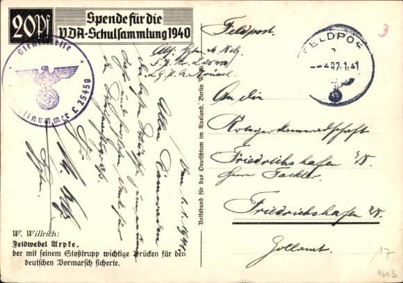 Artist Postcard Willrich, Wolfgang, Sergeant Helmut Arpke, Knight's Cross recipient, VDA School Collection 1940