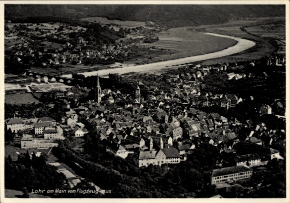Postcard Lohr am Main Lower Franconia, bird's eye view of river landscape, architecture