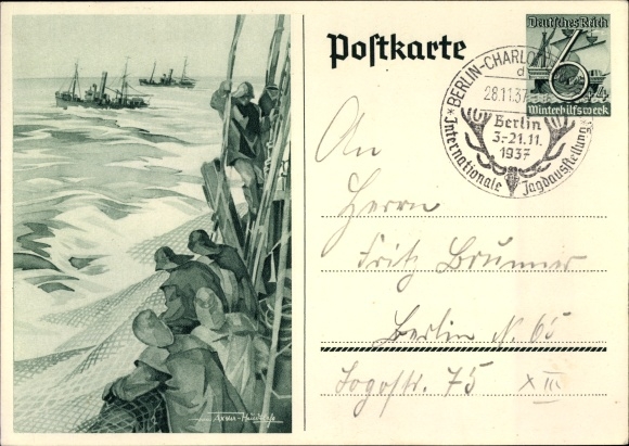 Postwaardestuk ansichtkaart Axster Heudtlass, vissers op volle zee, vissersboten