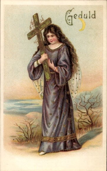 Präge Ak Frau mit Kreuz, Geduld