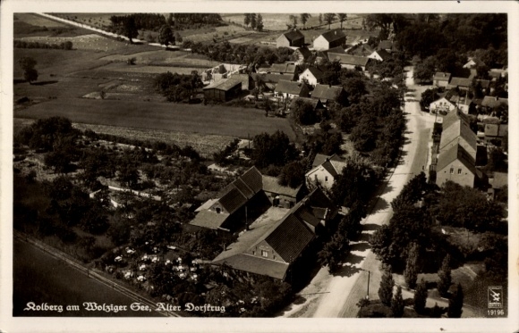 Postcard Kolberg in der Mark, aerial photograph, Old Village Inn