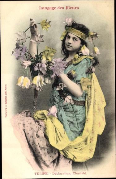 Postcard Language of Flowers, Tulip, Tulpe, Blumensprache, Frau