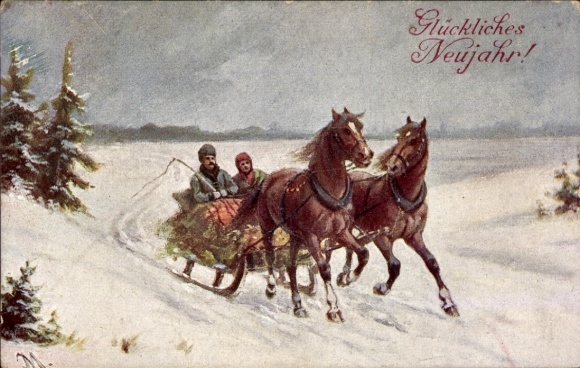 Happy New Year, horse-drawn sleigh, sleigh team
