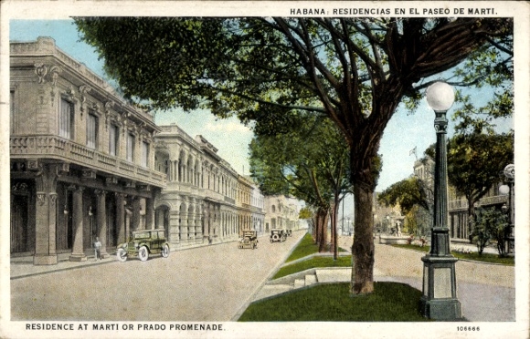 Postcard Havana Havana Habana Cuba, rows of houses, street view, old cars, lantern, trees