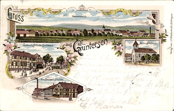 Litho Güntersen Adelebsen in Niedersachsen, Gasthaus L. Filthuth, Brennerei von Schlote, Schule