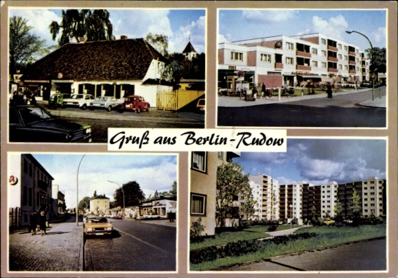 Postcard Berlin Neukölln Rudow, high-rise housing estate, street section, restaurant