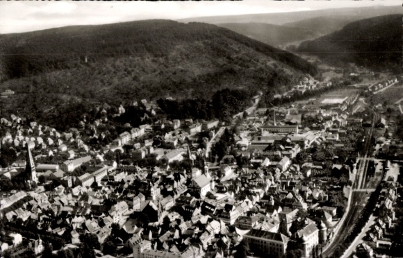 Postcard Ettlingen in Baden, aerial view of the city, mountains in the background