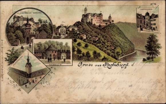 Chromo-Litho Rochsburg Lunzenau in Saxony, Thorhaus, castle, powder tower, staircase