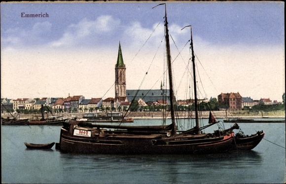 PC Emmerich am Niederrhein, sailing ship in the Rhine, view of the town, church