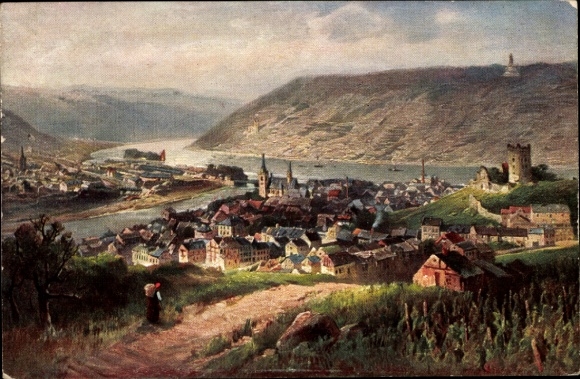 Postcard Bingen am Rhein, landscape with river, town hill, buildings
