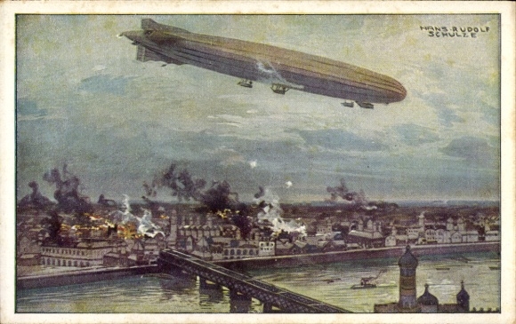 Artist Postcard Schulze, Hans Rudolf, Zeppelin, airship Schütte Lanz, bombing Warsaw, I. WK