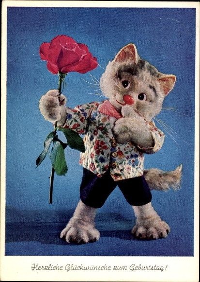 Postcard Happy Birthday, Cat with Rose
