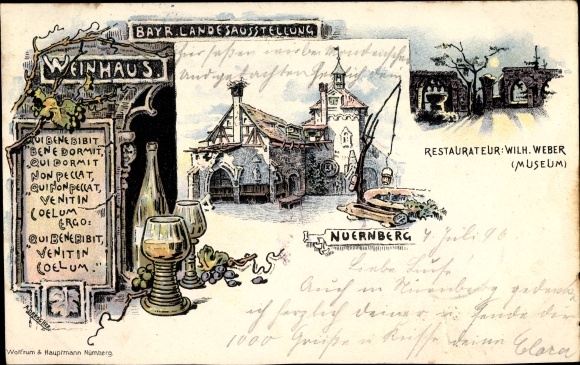 Artist Chromo-Litho Drescher, Nuremberg, Bayr. State exhibition, wine house of Wilh. Weaver, Museum