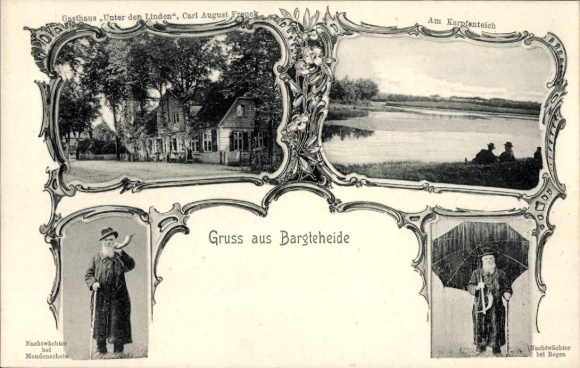 Ak Bargteheide in Holstein, Gasthaus Unter den Linden, Karpfenteich, Nachtwächter bei Regen