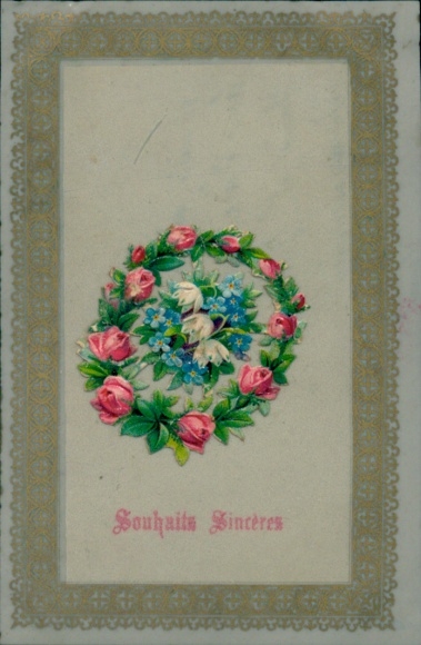 Celluloid Postcard Kitsch, flower wreath, roses, forget-me-nots