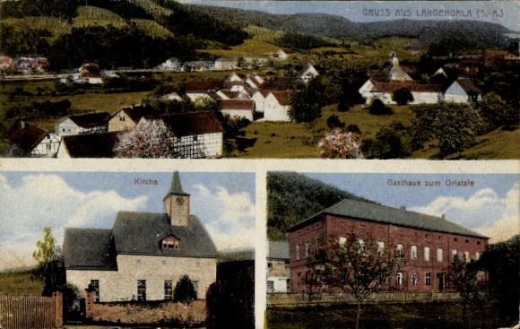 Ak Langenorla in Thüringen, Landschaftsaufnahme, Kirche, Gasthaus zum Oriatale