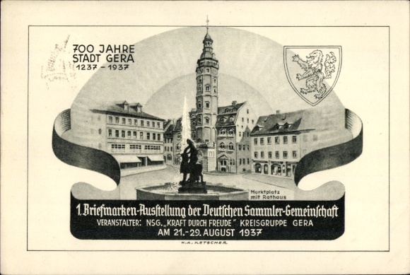 Coat of arms Postcard Gera in Thuringia, 1st stamp exhibition 1937, KdF, 700th anniversary 1937