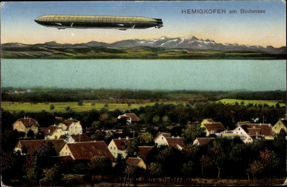 Postcard Hemigkofen Kressbronn am Bodensee, Panorama, Zeppelin