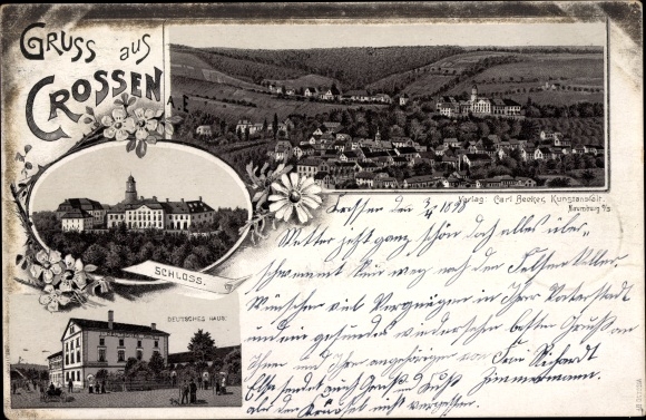 Litho Crossen an der Elster Thüringen, Schloss, Gasthaus Deutsches Haus, Totalansicht