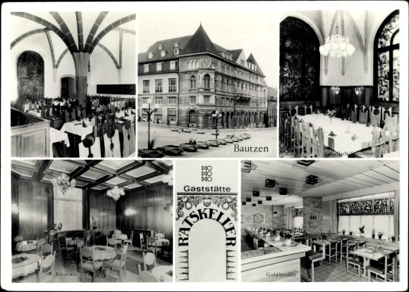 Postcard Bautzen in Oberlausitz, HO Gaststätte Ratskeller, exterior and interior view, Gatower Str. 73