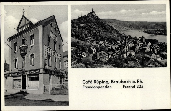 Postcard Braubach am Rhein, Cafe Rüping, view of the town