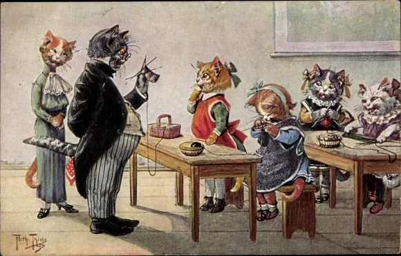 Artist PC Thiele, Arthur, humanized cats in school while knitting