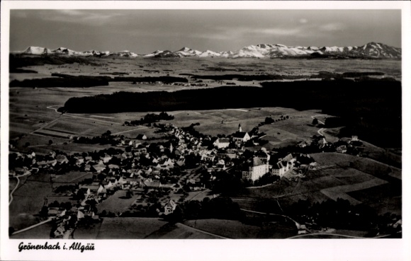 Postcard Bad Grönenbach in Allgäu, landscape photo, village view, Alps in the background