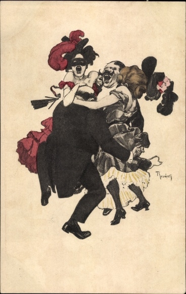 Jugendstil Künstler Ak Reznicek, Tanzende Paare, Frau mit Maske, Simplicissimus VI 5