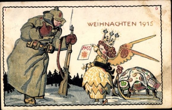 Künstler Ak Kriegsweihnacht 1915, Soldat auf Wachtposten, Engel mit Pass, Bahlsens Leibniz Keks