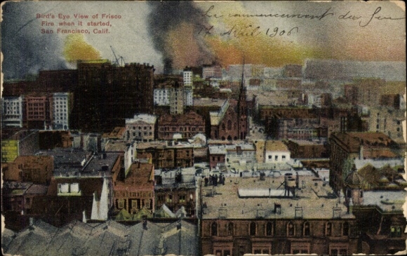 Ansichtkaart San Francisco, Californië, VS, vogelperspectief van Frisco, vuur maken, stadsgezicht, 1906