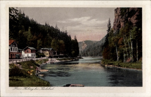 Postcard Karlsbad in Baden, riverbank, trees, houses, mountain landscape