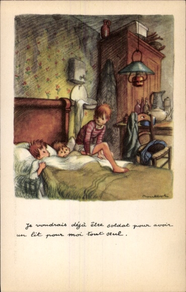 Kunstenaar Ak Poulbot, Kinderen in bed, voor het slapengaan