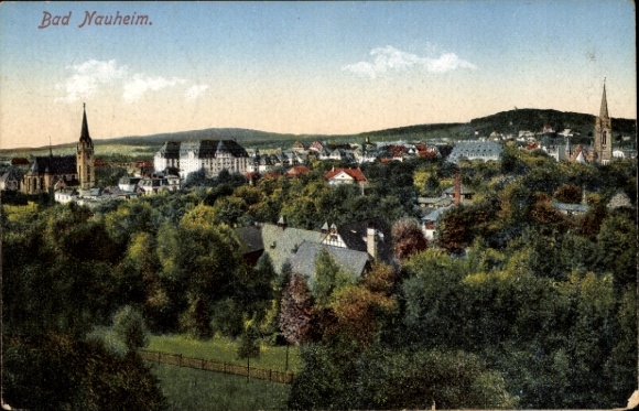 Postcard Bad Nauheim in Hesse, view over churches, buildings, green landscape